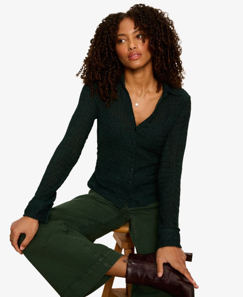 Petite Juno Textured Long-Sleeve Spread Collar Shirt