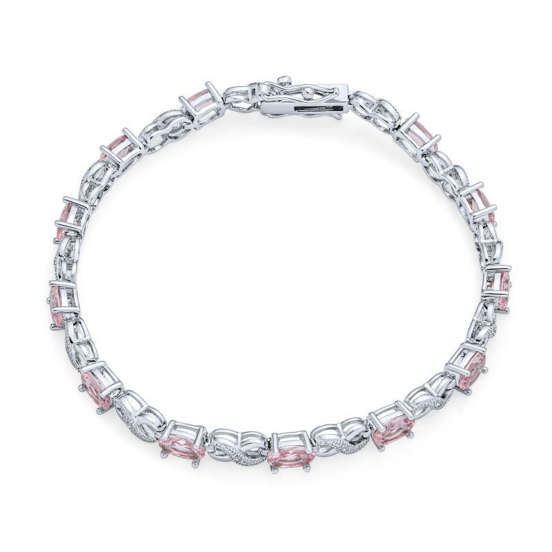 Birthstone Dark Pink Color CZ Oval Infinity Tennis Bracelet Silver Plated