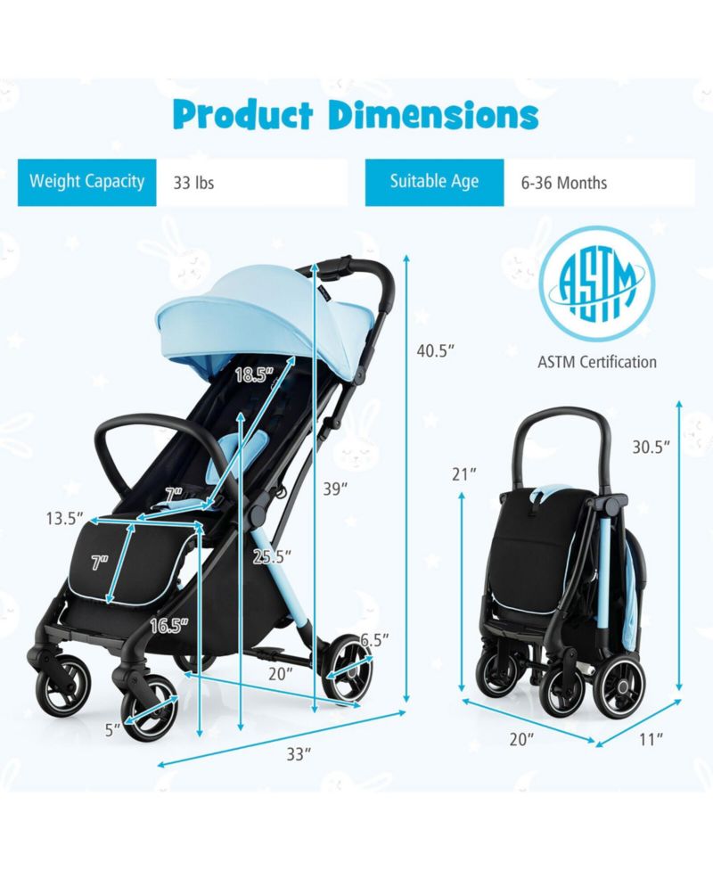 Portable Baby Stroller One-Hand Fold Pushchair W/ Aluminum Frame
