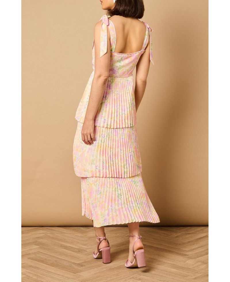 Women's Pleated Tie Shoulder Midi Dress