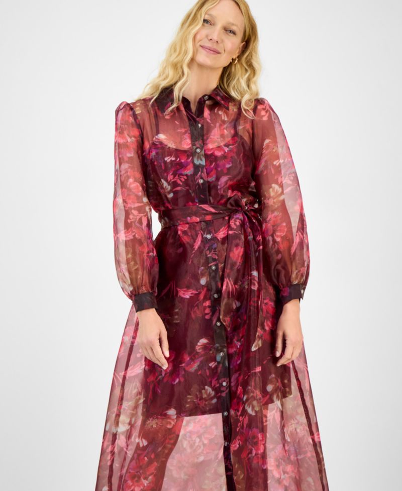 Women's Printed Button-Front Long-Sleeve Gown