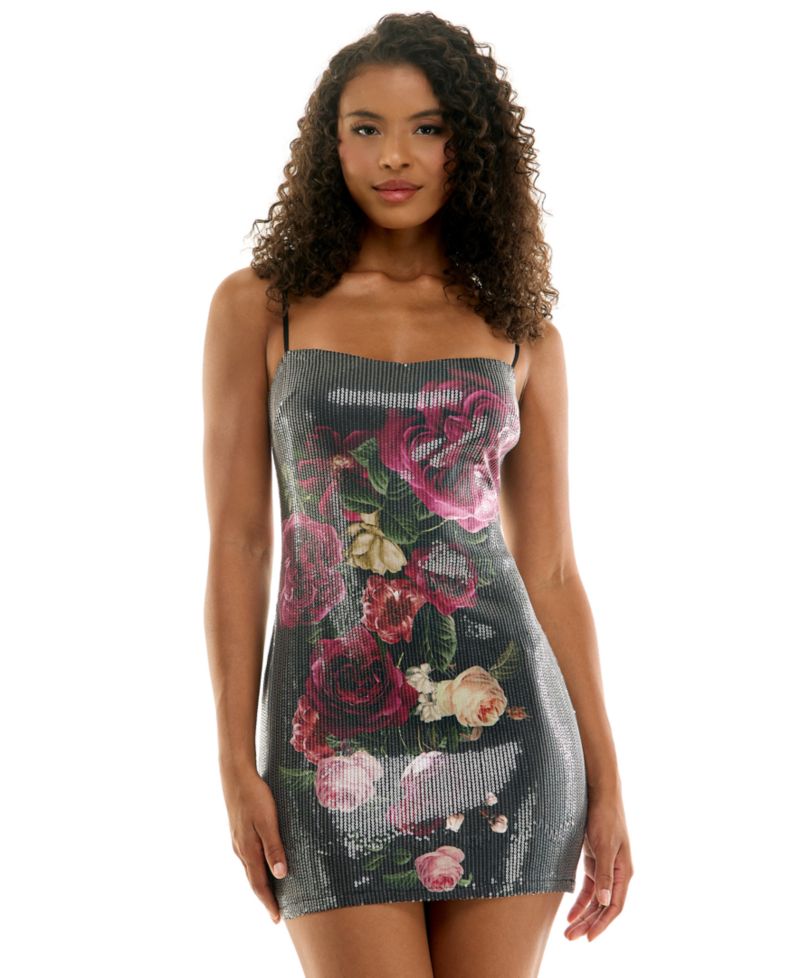 Juniors' Floral Sequin Square Neck Slim Mini Dress