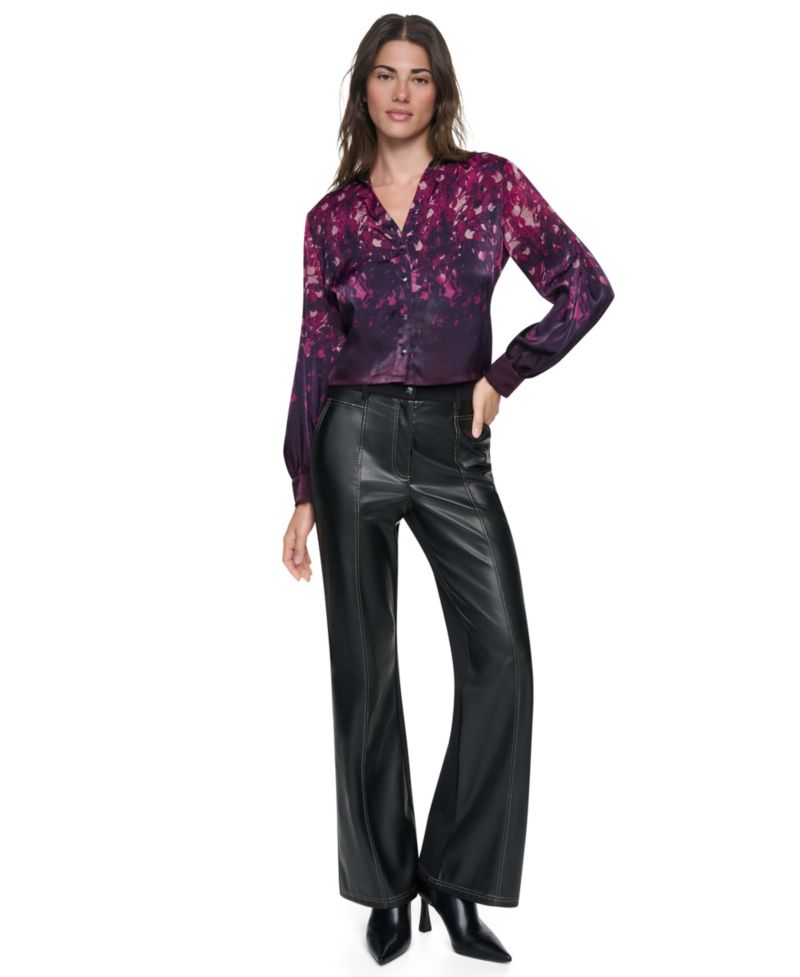Women's Wide-Leg Faux-Leather Mixed-Fabric Pants