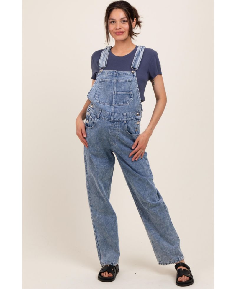 Women's Light Blue Wash Rolled Cuff Denim Overalls