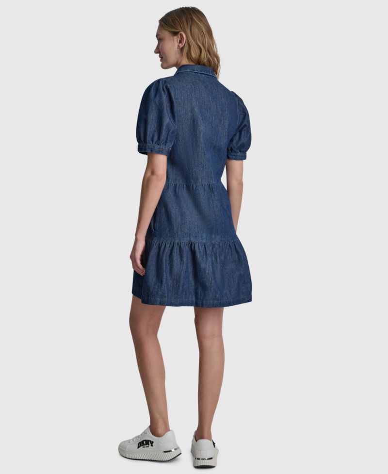 Women's Tiered Puff-Sleeve Collared Denim Cotton Mini Shirt-Dress