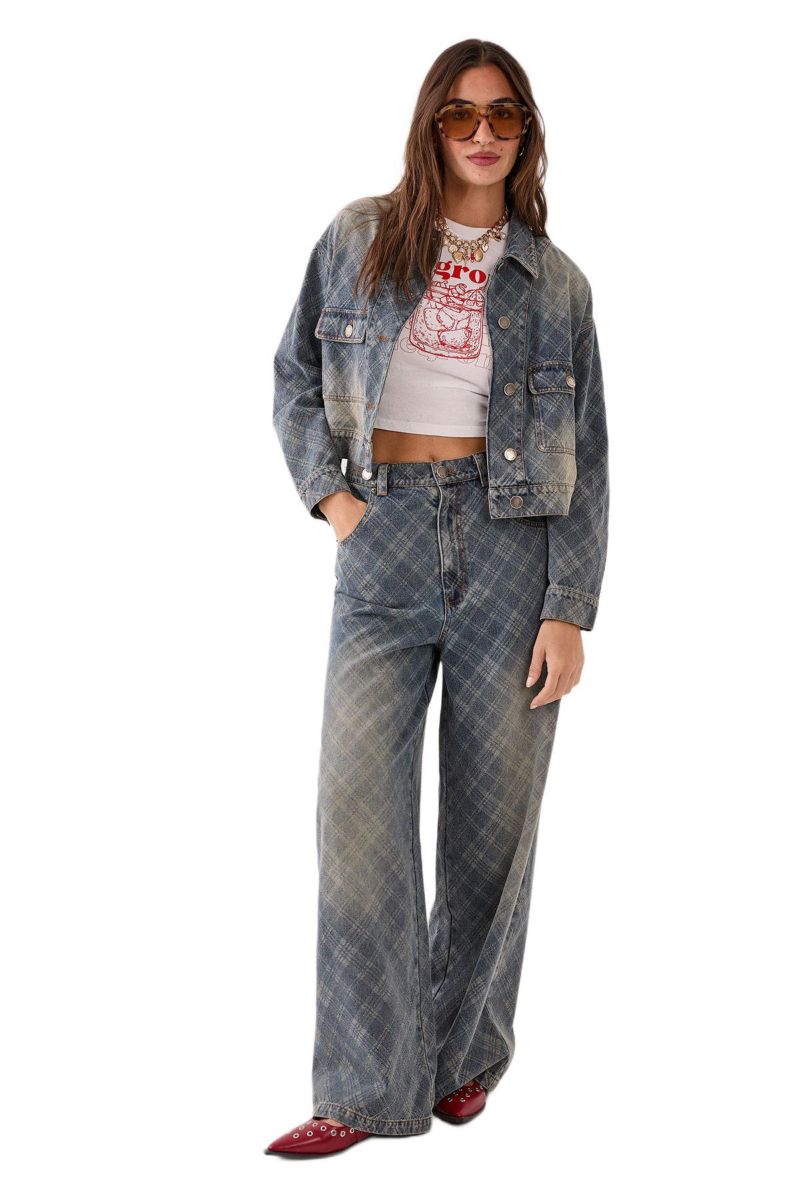 Women's Check Denim Distressed Jacket