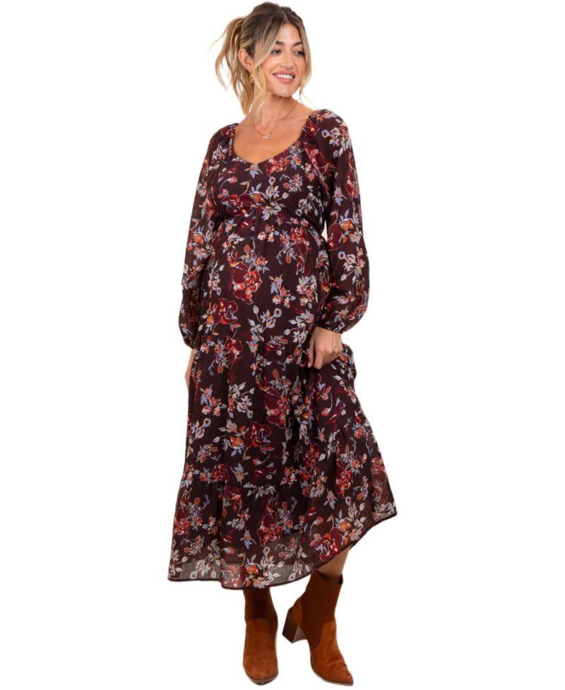 Women's Brown Floral V-Neck Bubble Sleeve Maxi Dress