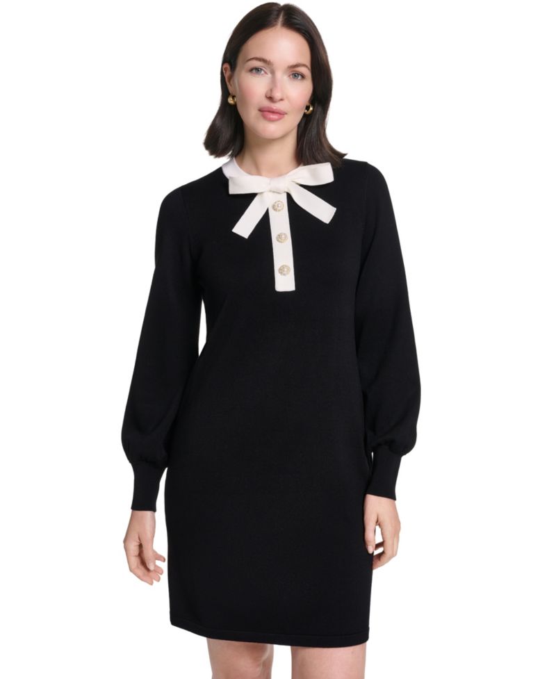 Petite Contrast Bow Color Block Sweater Dress