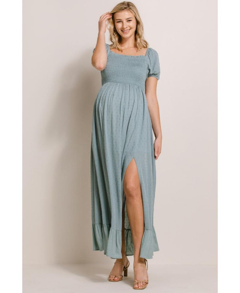 Women's Smocked Swiss Dot Maxi Dress with Side Slit