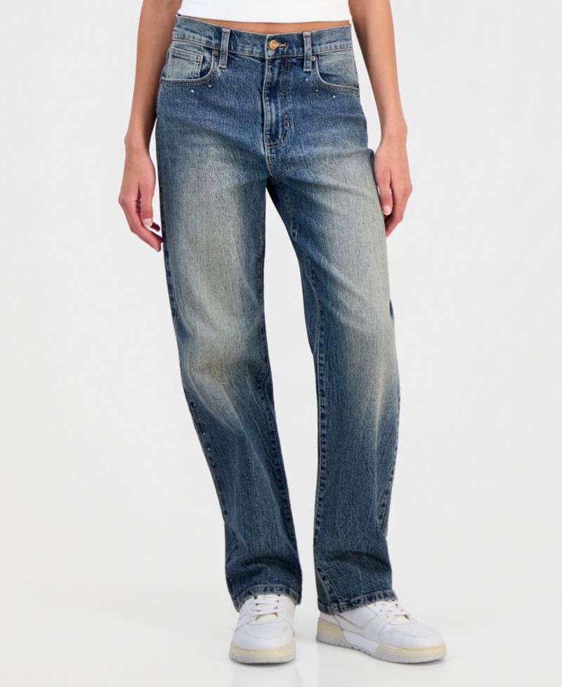 Juniors' Ultra High-Rise Studded Straight-Leg Jeans