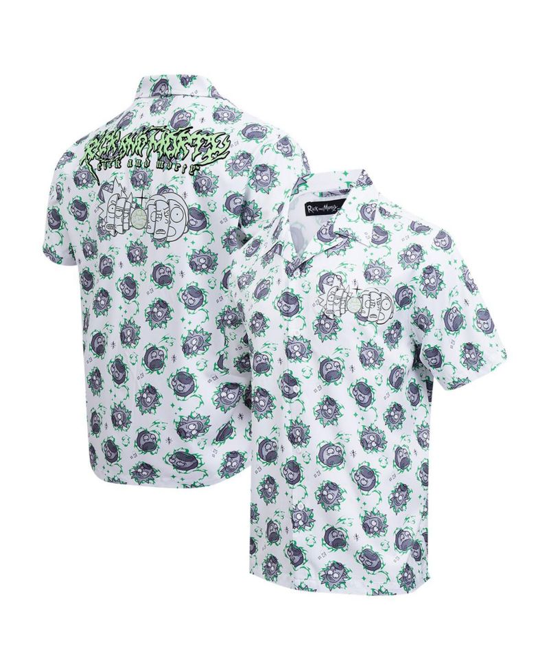 Men's White Rick and Morty 90's Rave Rickvival Showing Brain Button-Up Shirt