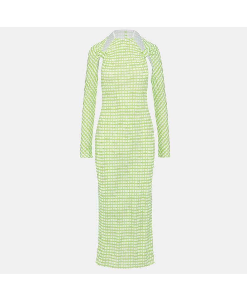 Women's Green Checkered Print Jersey La Robe Nodi Midi Dress