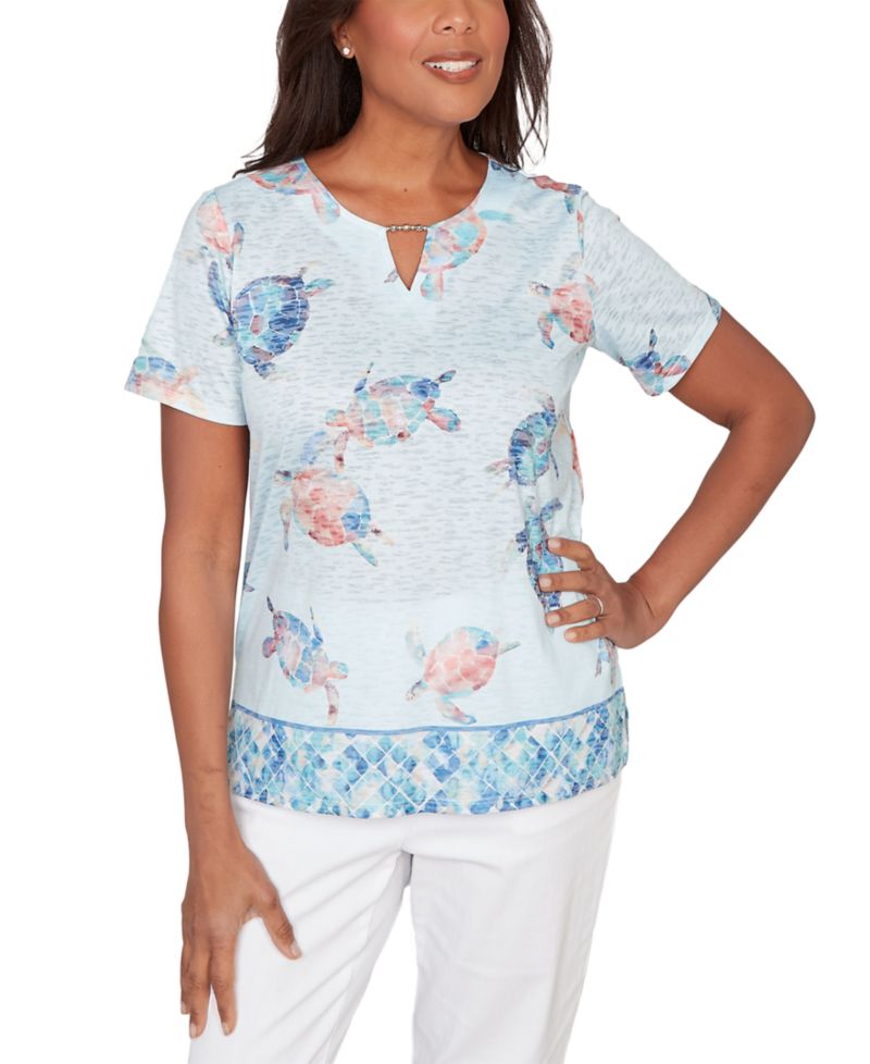 Petite Sea Turtle Border Split Neck Top