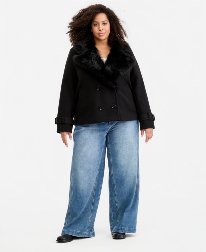 Plus Size Faux-Fur-Collar Peacoat
