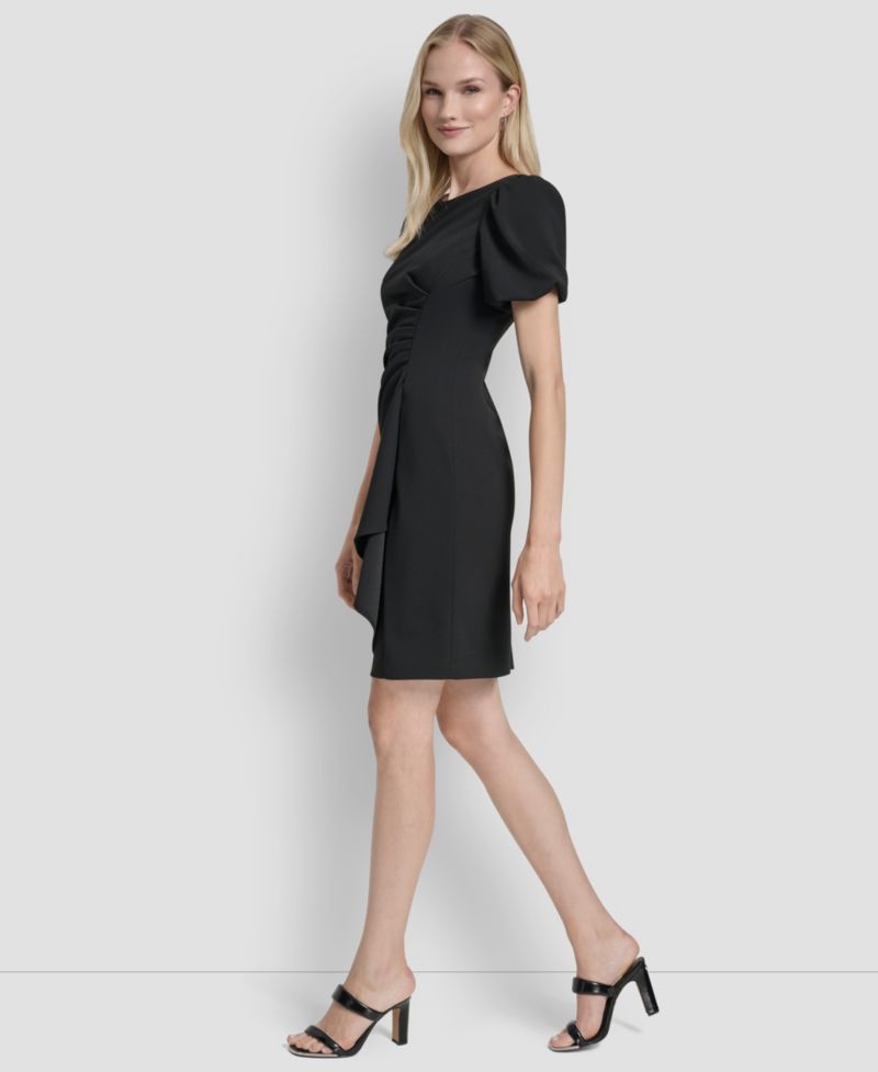 Women's Bubble-Sleeve Scuba Crepe Ruched Sheath Dress