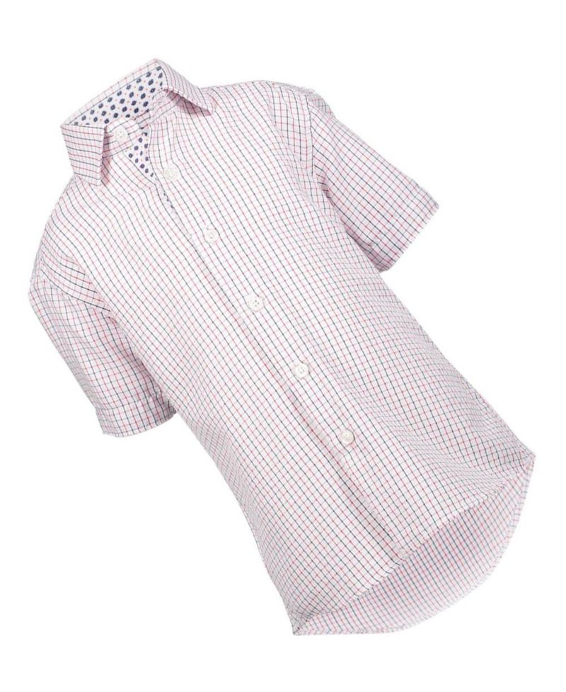 Little Boys Red Short Sleeve Navy Tattersal Slim Fit Shirt