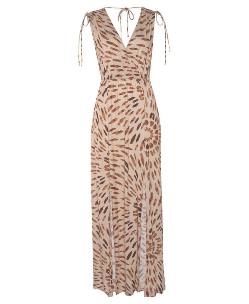 Women's Viscose Printed Tie Detail V-Neck Elastic-Waist Maxi Dress