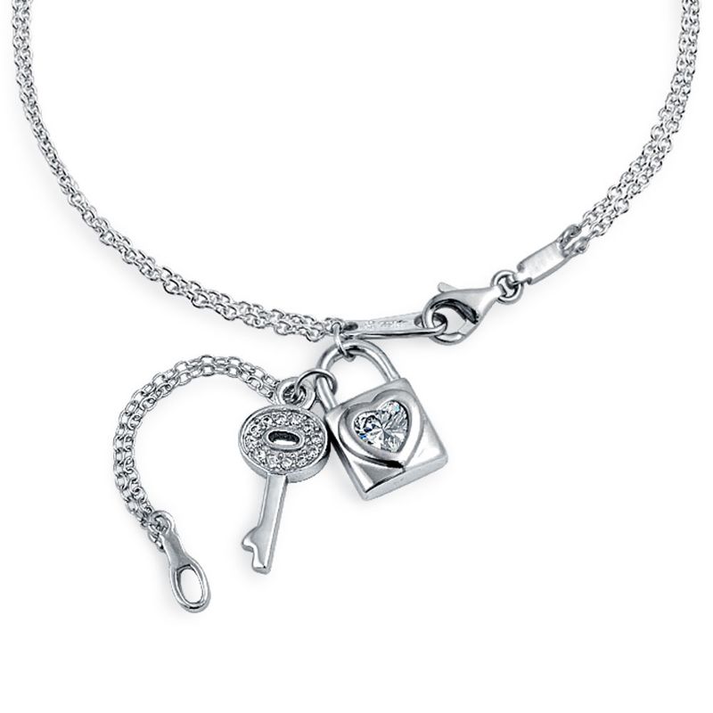 Romantic Key to Her Heart, Lock, Key Charm Anklet Double Strand Ankle Bracelet .925 Sterling Silver