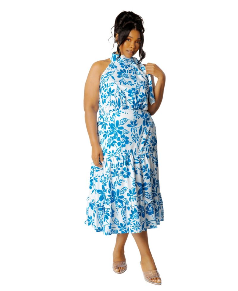 Plus Size Floral Halter Neck Midi Dress