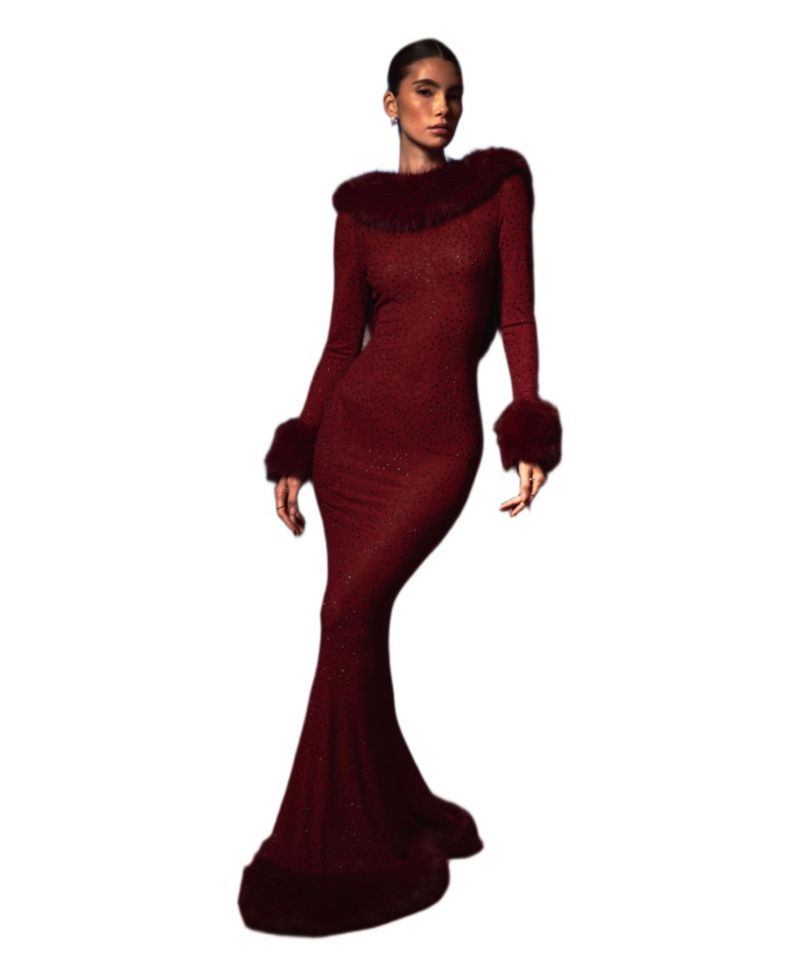 Women Mellie Burgundy Regular-Length Rhinestone Mesh Low Back Mermaid Gown