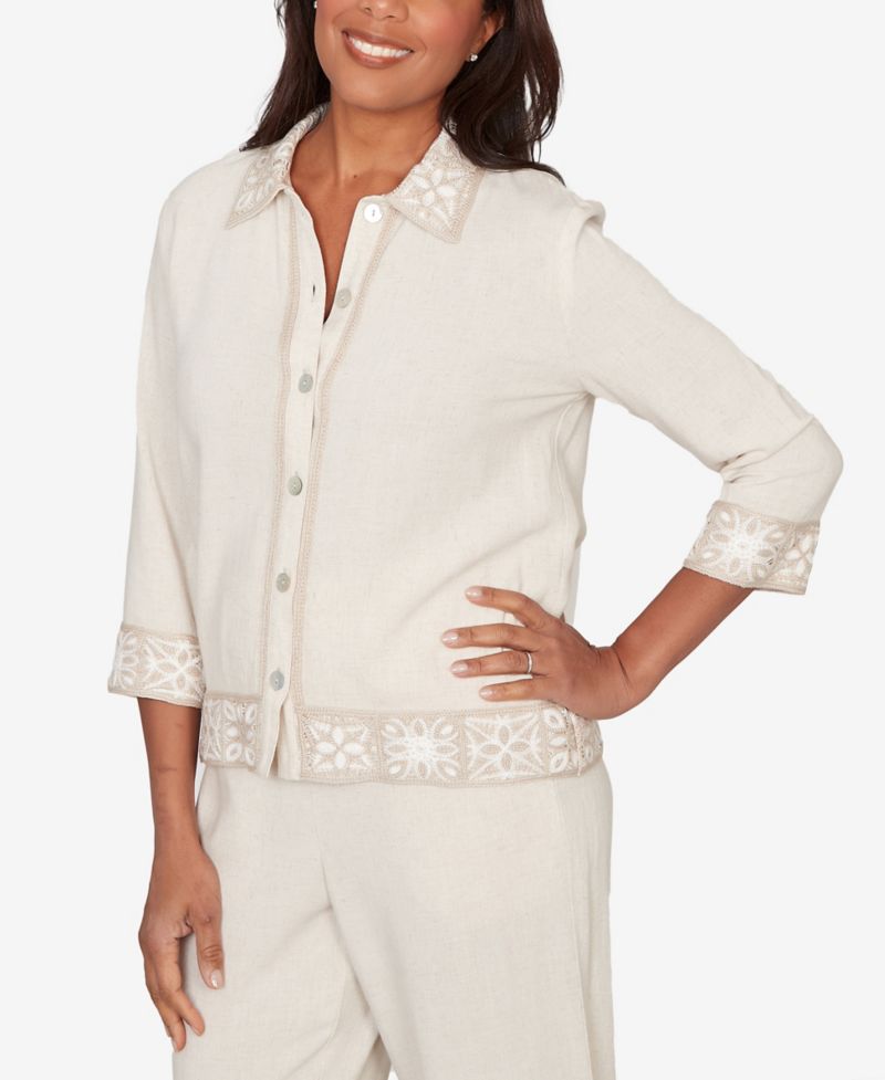 Women's Natural Wonder Embellished Crochet Trim Linen Jacket