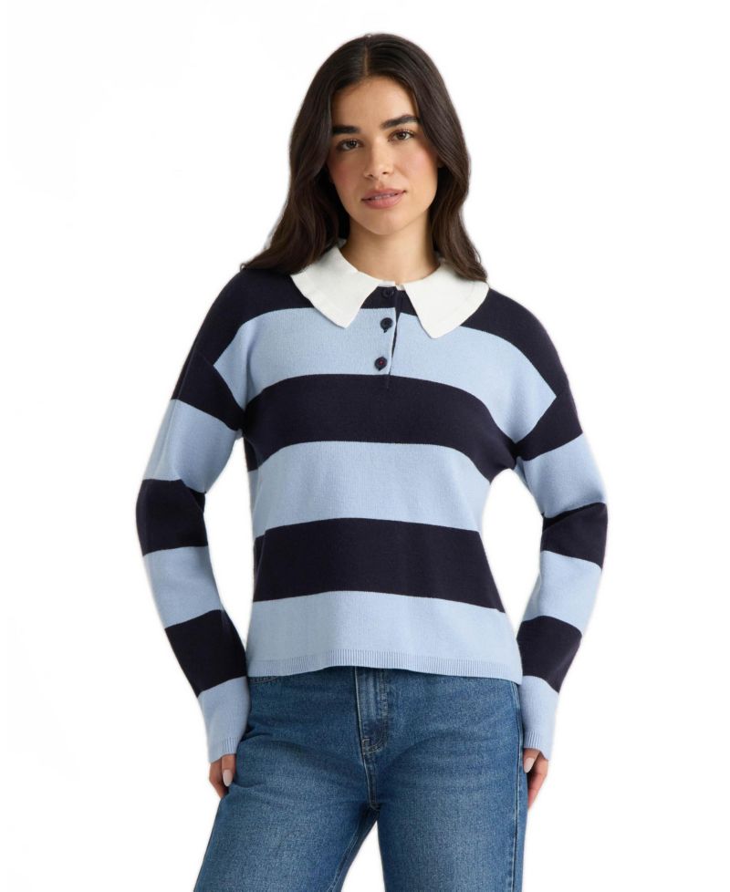 Women's Rugby-Stripe Ruffled Polo-Collar Sweater