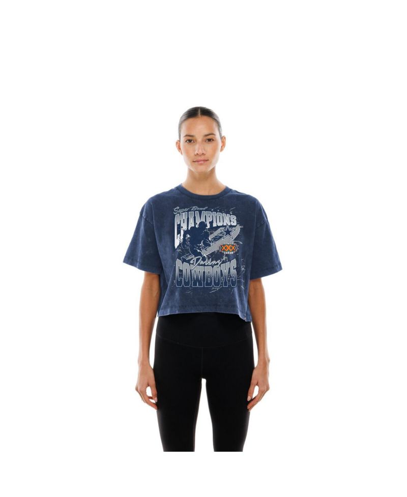 Women's Navy Dallas Cowboys Cropped Boxy Sport Classics Mineral Wash T-Shirt