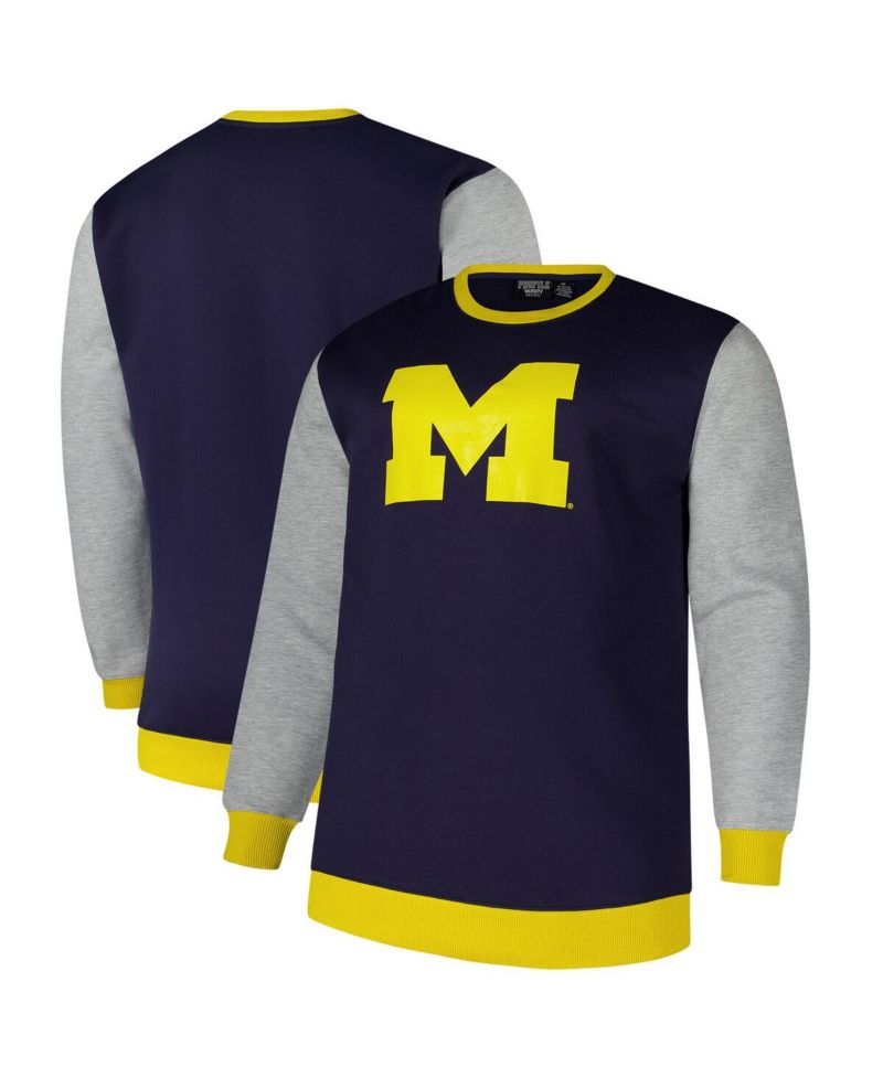 Men's Navy Michigan Wolverines Contrast Sleeve Large Chest Big & Tall Pullover Sweatshirt