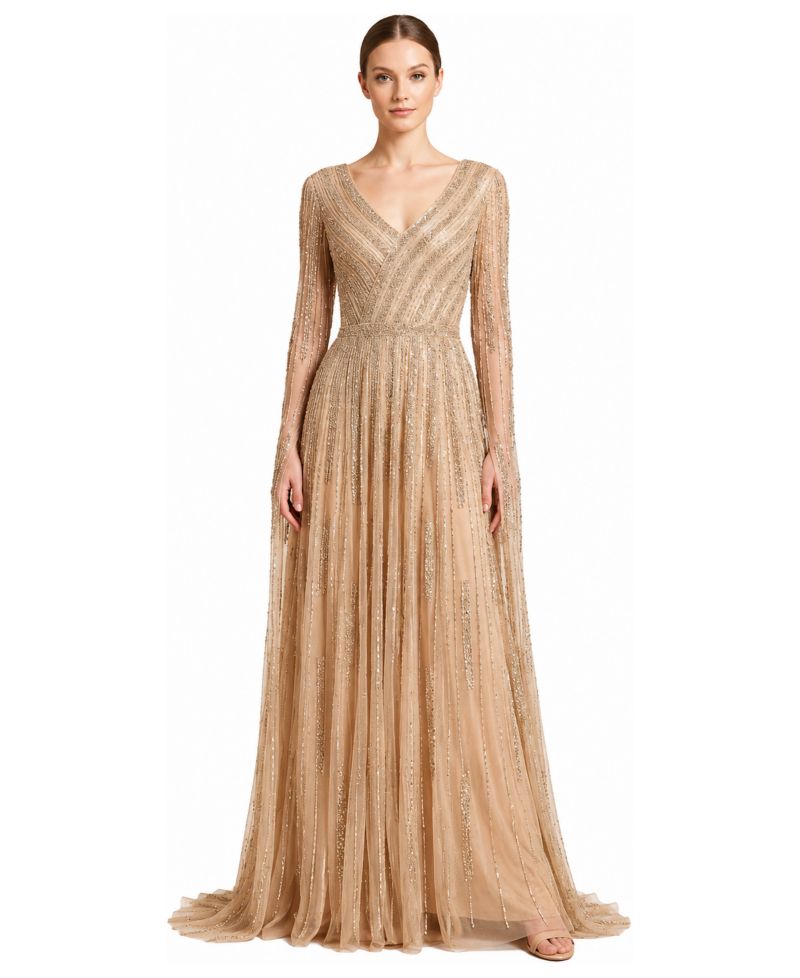 Women's V-Neck Beaded Long Cape-Sleeve Dress