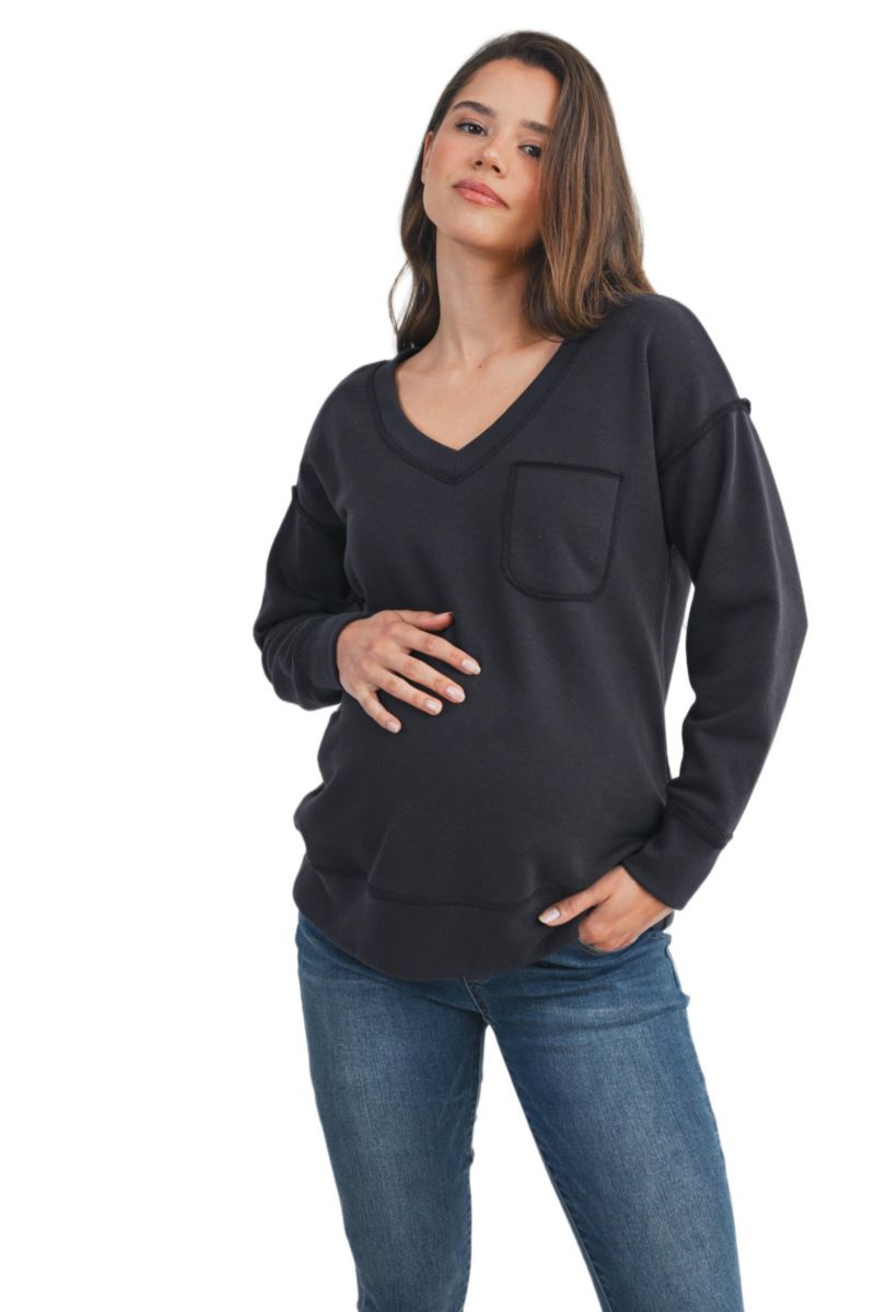 Maternity V Neck Long Sleeve Front Pocket Sweatshirt