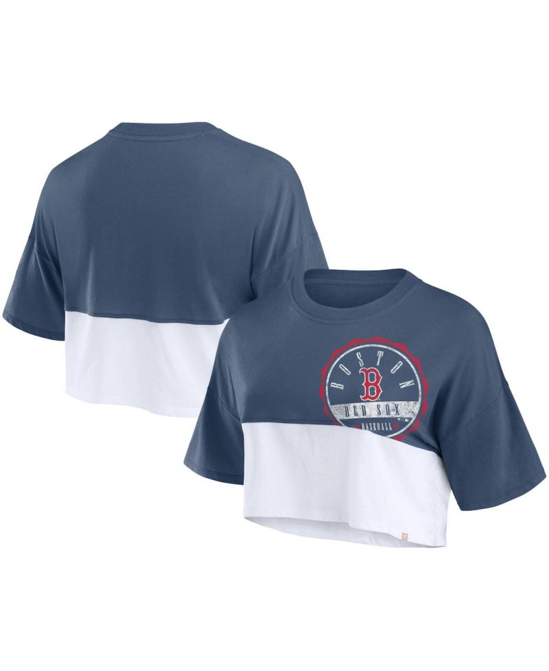 Women's Navy/White Boston Red Sox Color Split Boxy Cropped T-Shirt