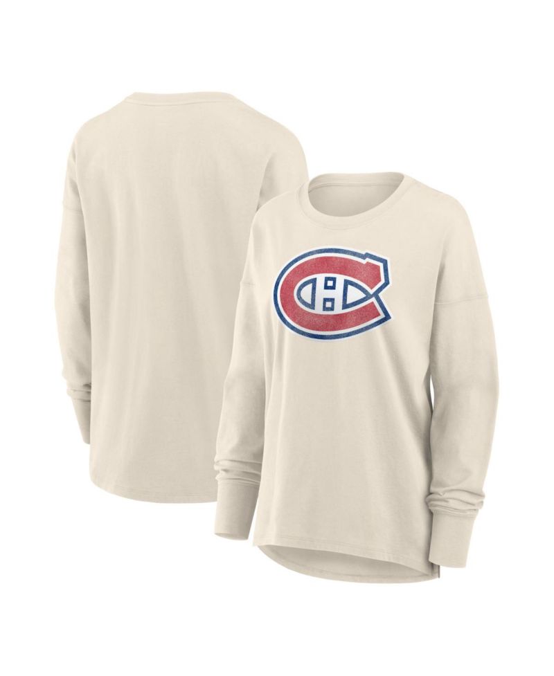 Women's Cream Montreal Canadiens Distressed Logo Long Sleeve T-Shirt