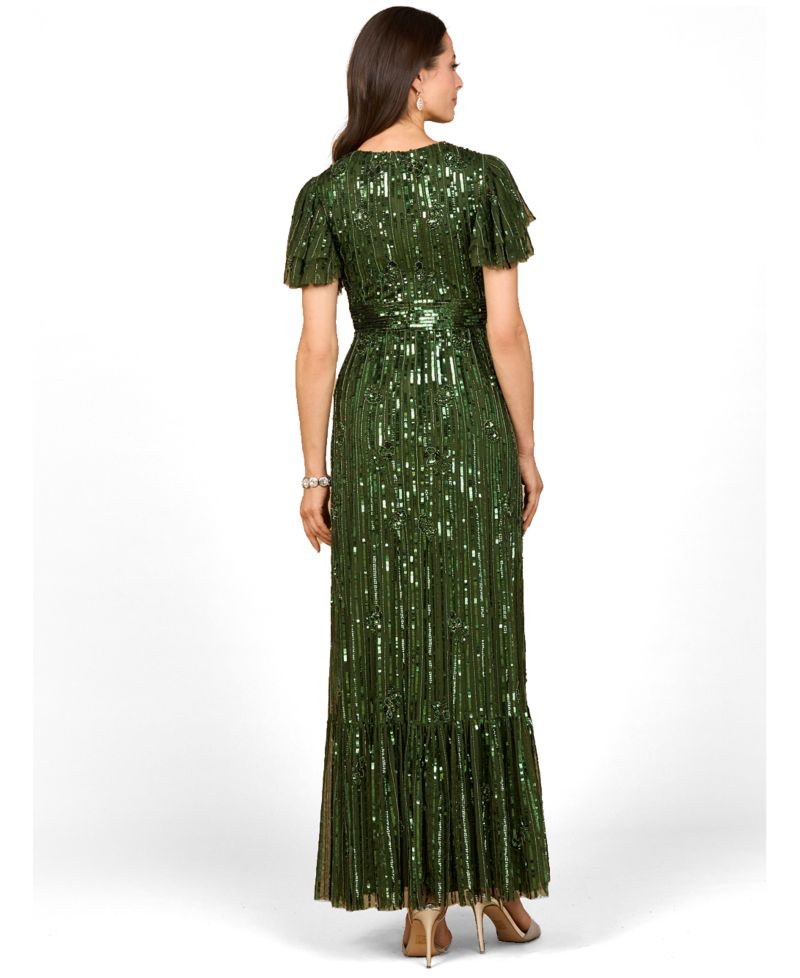 Women's Elegant Beaded Gown with Flutter Sleeves