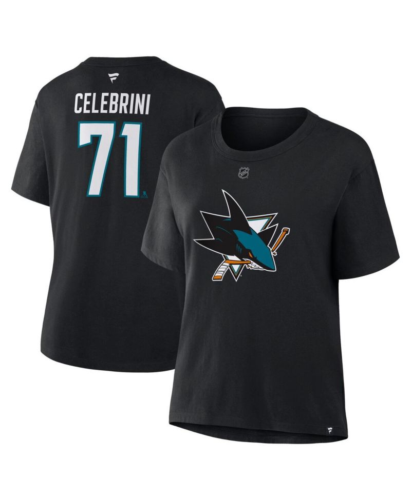 Women's Macklin Celebrini Black San Jose Sharks Authentic Stack Name & Number T-Shirt
