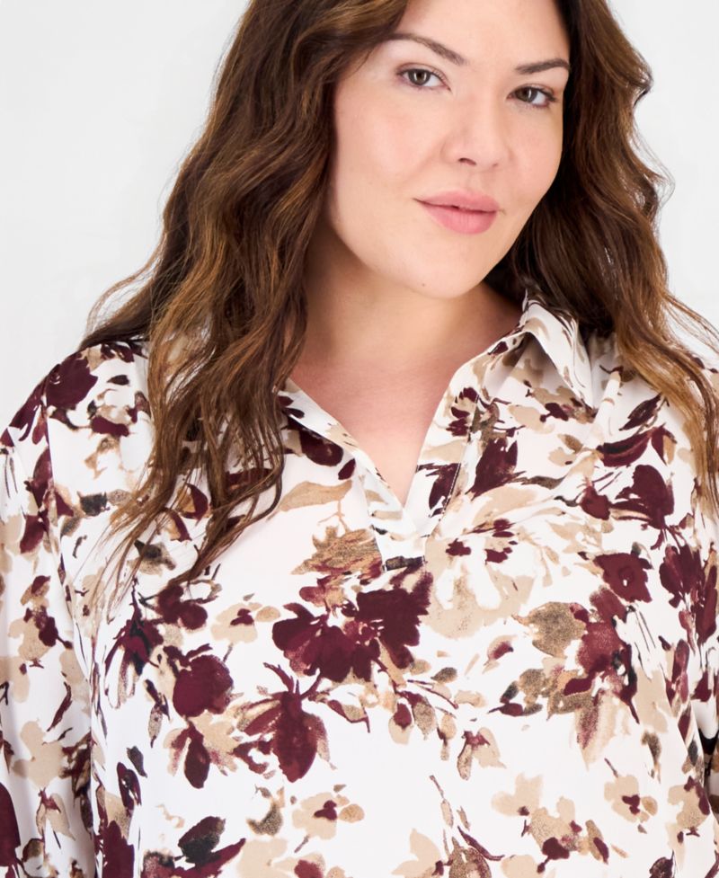 Plus Size Floral Roll-Tab V-Neck Blouse