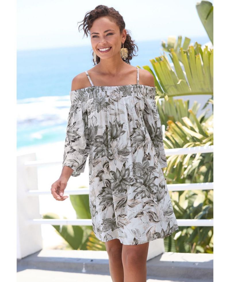 Women's Viscose Printed Off Shoulder Smocked Short Dress