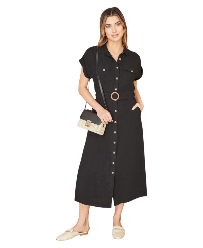 Women's Linen Look Midi Shirt Dress