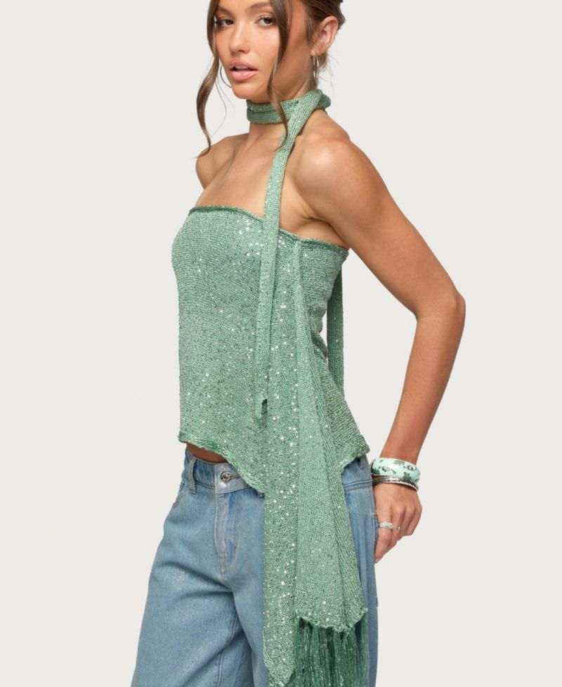 Women's Two-Piece Sequin Knit Scarf Top