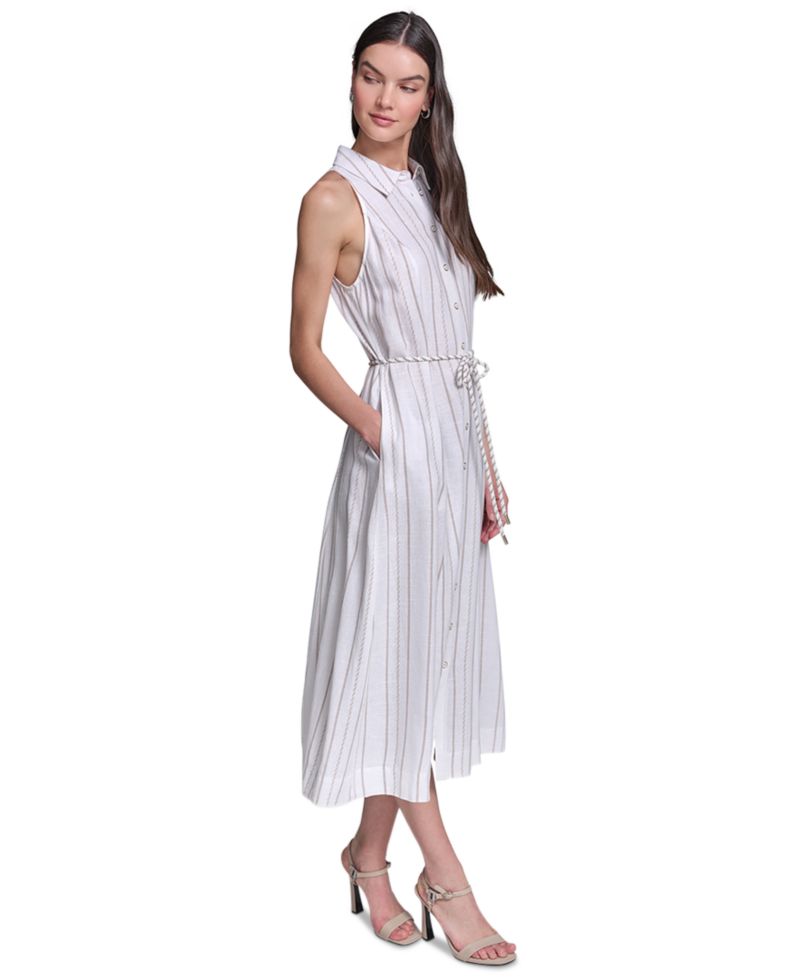 Women's Striped Rope Belt Midi Shirt-Dress