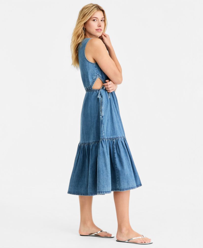 Women's Denim Tiered Cutout Midi Dress