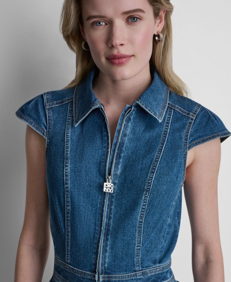 Women's Wide-Leg Cap-Sleeve Denim Jumpsuit