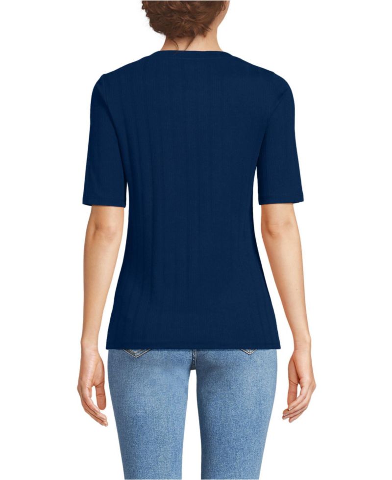 Women's Elbow Sleeve Variegated Micro Rib Scoop Neck Henley