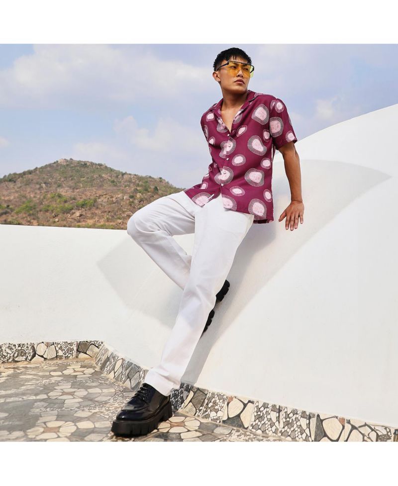 Men's Wine Red Relaxed Face Shirt