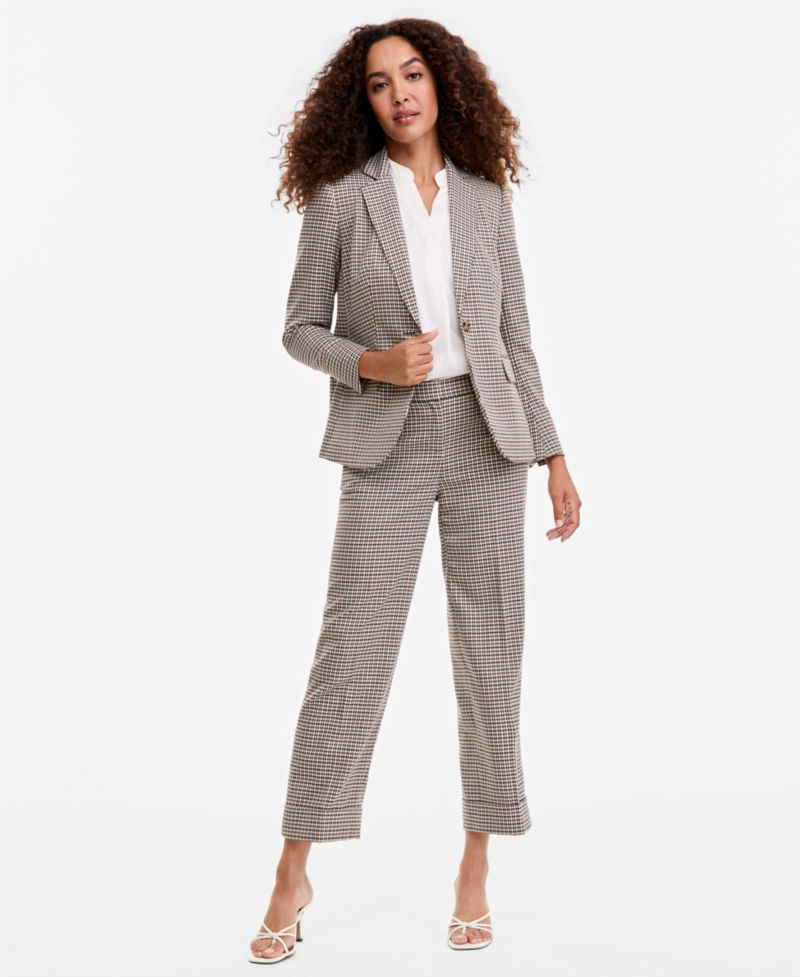 Women's One-Button-Front Blazer, Y-Neck Blouse & Mid-Rise Ankle Pants