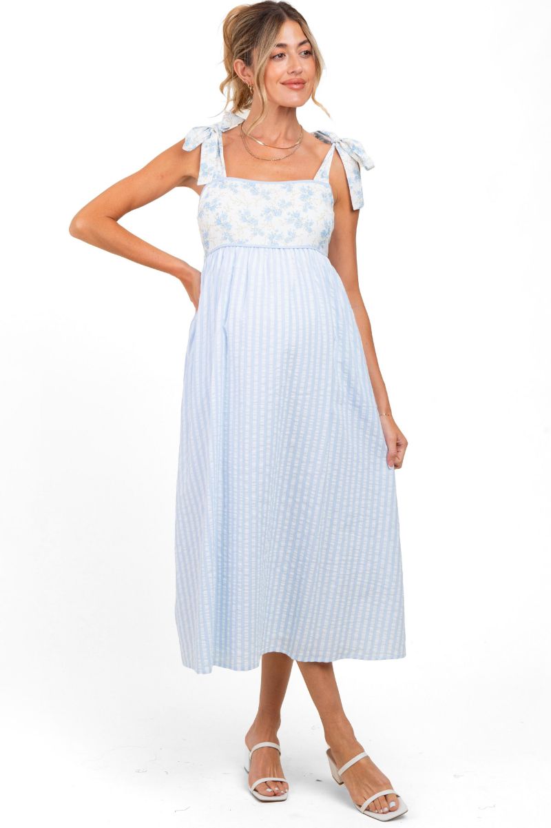 Women's Light Blue Floral Contrast Stripe Shoulder Tie Midi Dress