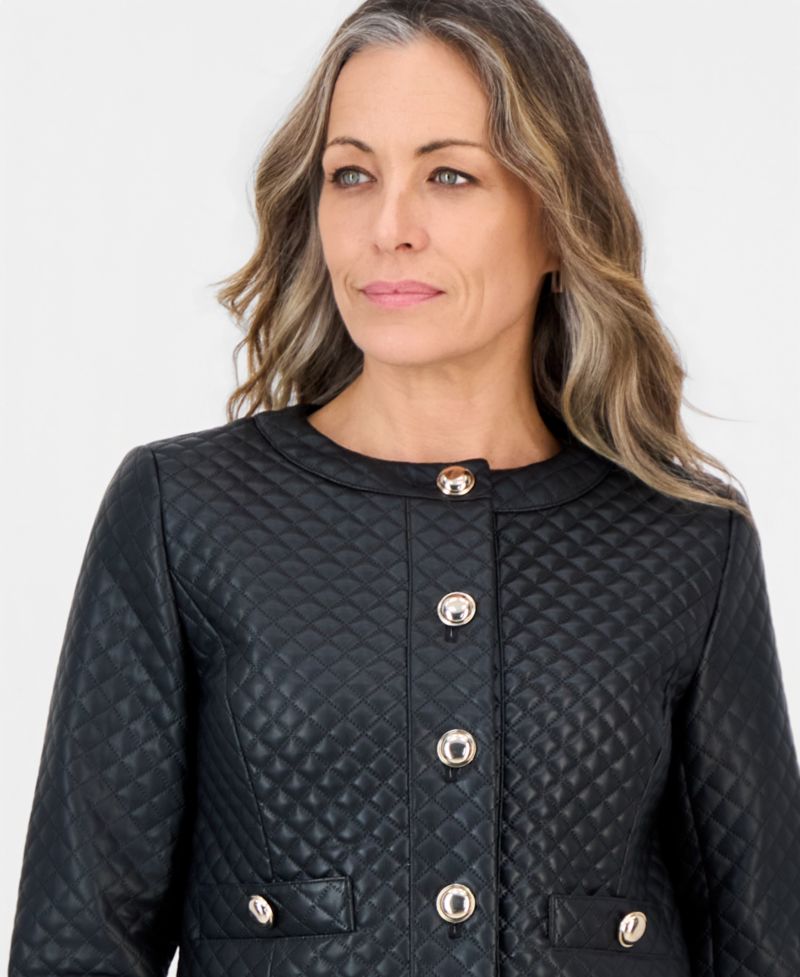 Petite Quilted Faux-Leather Button-Front Jacket