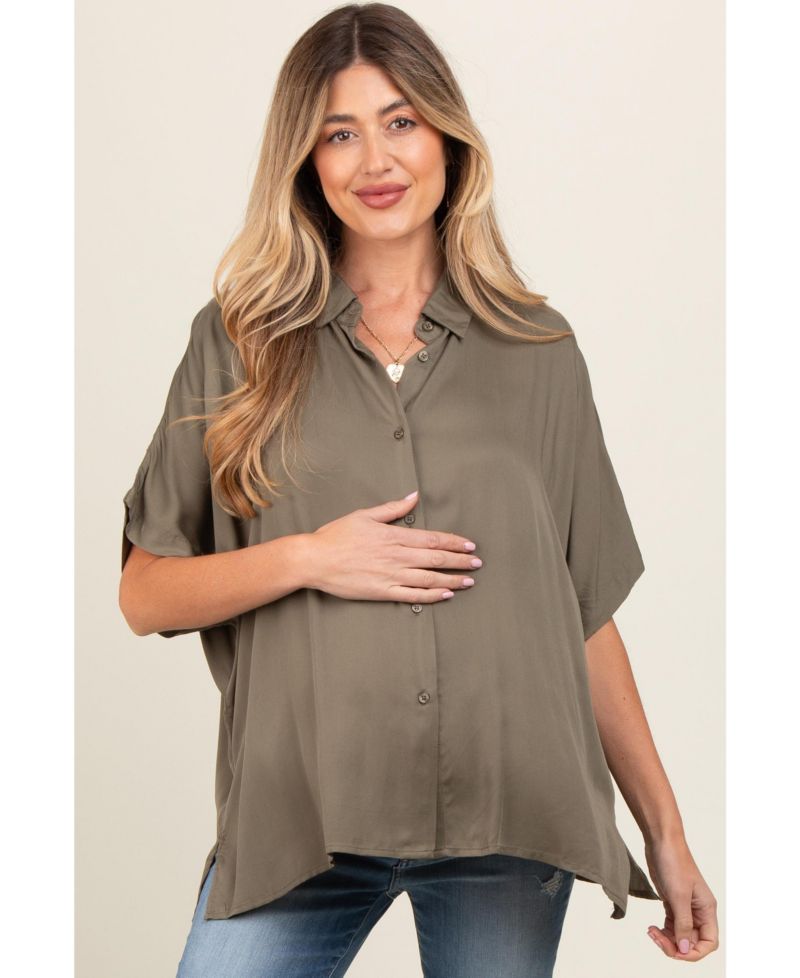 Women's Taupe Dolman Sleeve Button Down Blouse