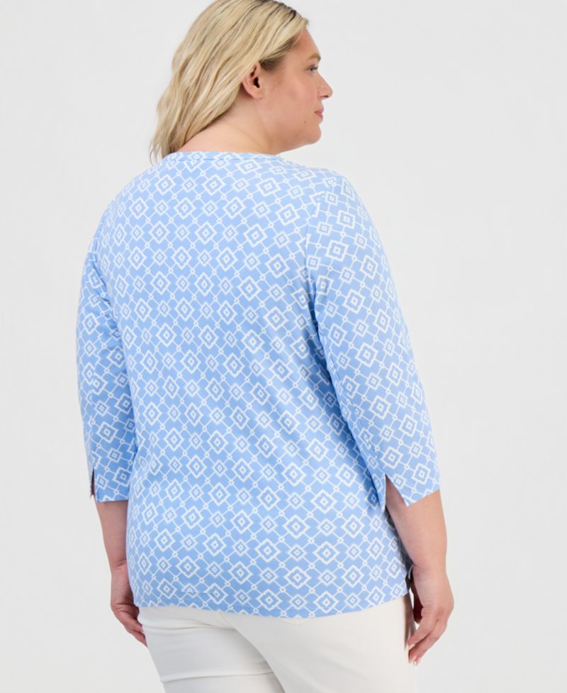 Petite Printed Pima Cotton 3/4-Sleeve Boat Neck Top