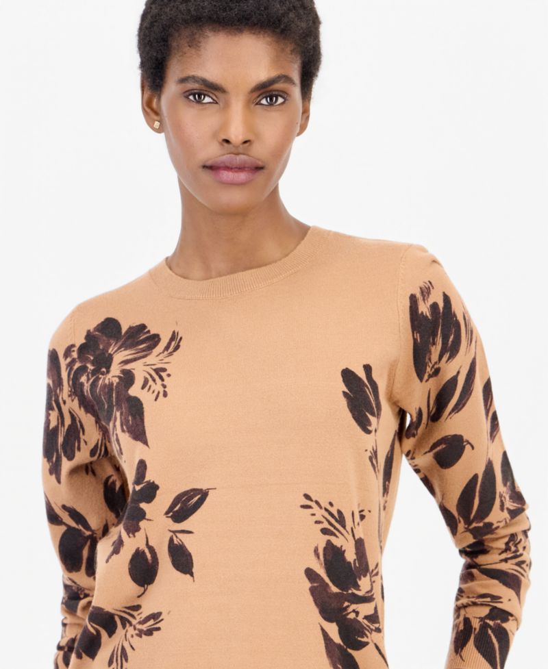 Petite Crewneck Long-Sleeve Floral-Print Sweater