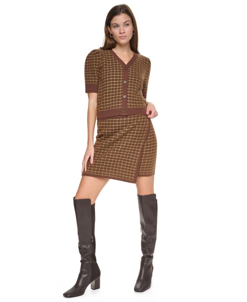 Women's Plaid Cropped Puff Short-Sleeve Cardigan